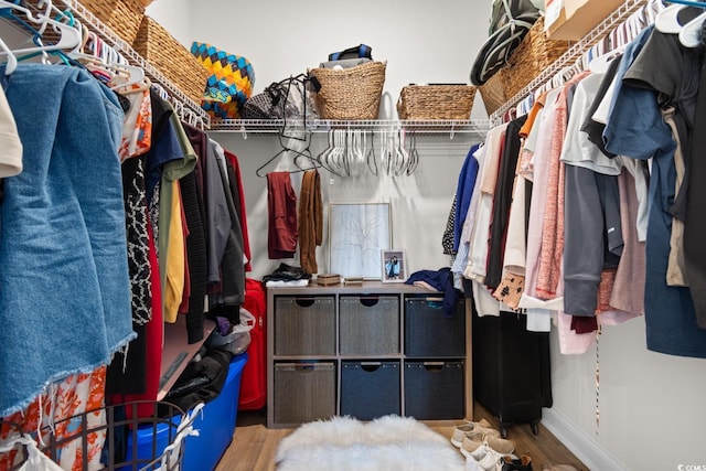 walk in closet with wood finished floors