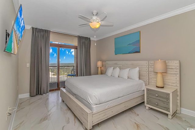 bedroom with marble finish floor, ornamental molding, a ceiling fan, access to outside, and baseboards