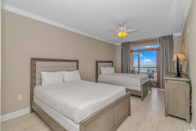 bedroom with ceiling fan, baseboards, access to outside, light wood-type flooring, and crown molding