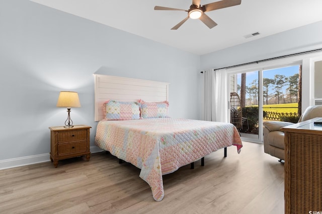 bedroom featuring baseboards, visible vents, ceiling fan, access to exterior, and light wood-type flooring