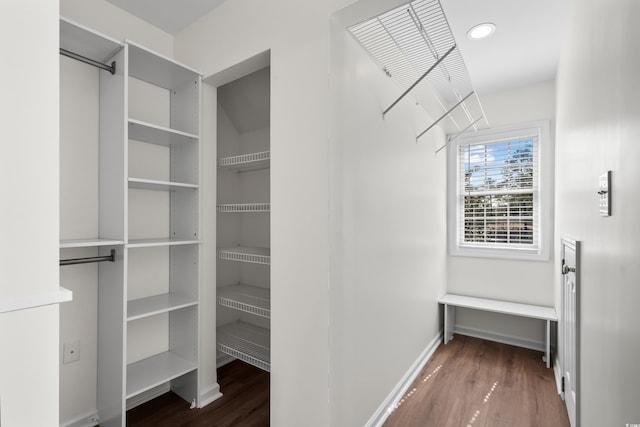 walk in closet with wood finished floors