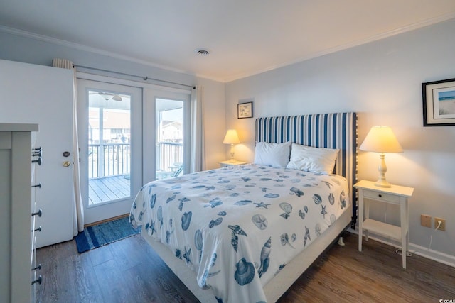 bedroom with access to outside, visible vents, ornamental molding, and dark wood finished floors