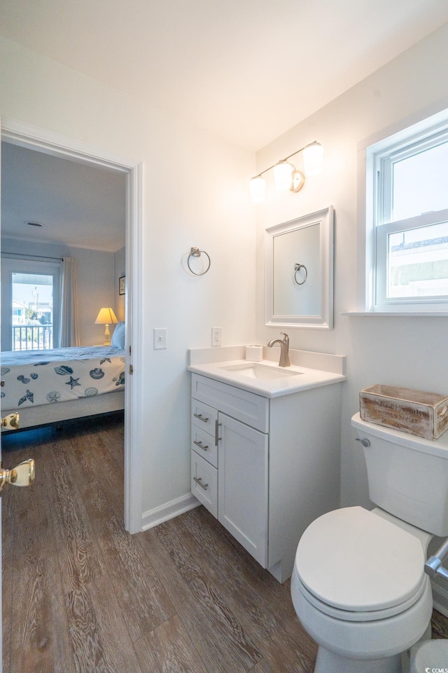 bathroom with baseboards, toilet, wood finished floors, ensuite bathroom, and vanity