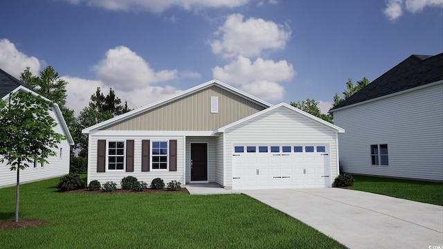 single story home featuring concrete driveway, an attached garage, and a front yard