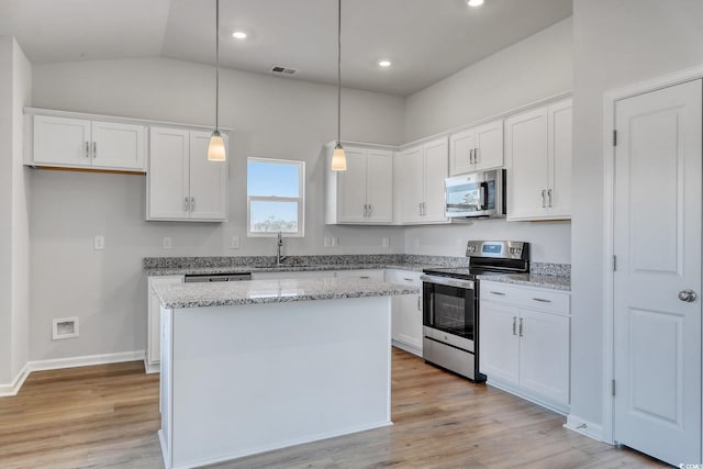 kitchen with stainless steel appliances, white cabinets, visible vents, and a sink