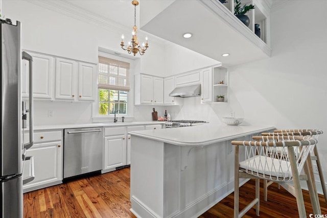 kitchen with white cabinets, appliances with stainless steel finishes, a peninsula, under cabinet range hood, and a sink