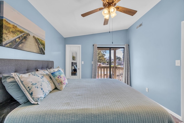 bedroom featuring visible vents, lofted ceiling, access to exterior, and a ceiling fan