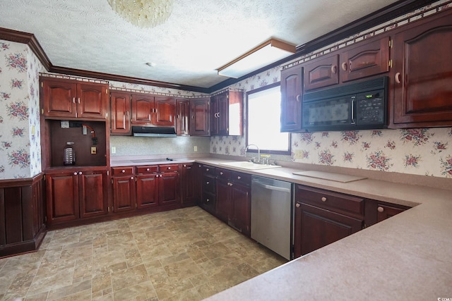 kitchen featuring black appliances, wallpapered walls, under cabinet range hood, and a sink