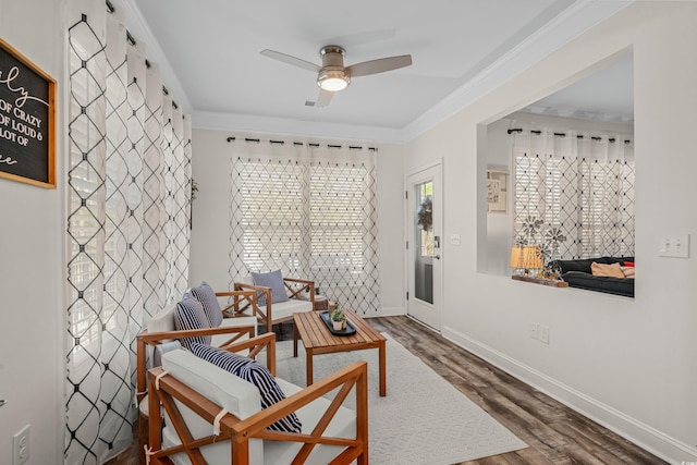 1118 Prescott Cir, Myrtle Beach, SC 29577 - sitting room featuring a ceiling fan, baseboards, wood finished floors, and ornamental molding
