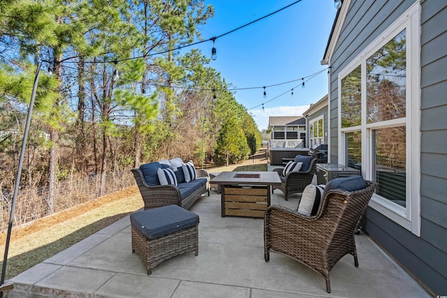 1118 Prescott Cir, Myrtle Beach, SC 29577 - view of patio / terrace with an outdoor living space with a fire pit and a hot tub