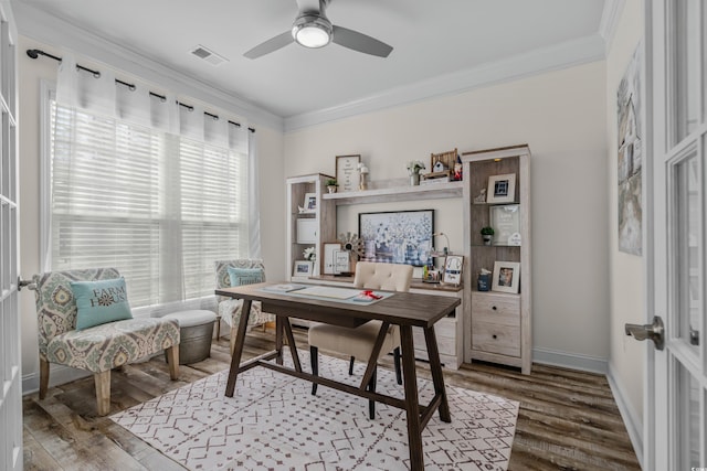 1118 Prescott Cir, Myrtle Beach, SC 29577 - home office featuring wood finished floors, ceiling fan, crown molding, and baseboards