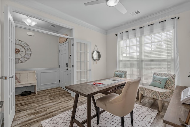 1118 Prescott Cir, Myrtle Beach, SC 29577 - office featuring wood finished floors, crown molding, ceiling fan, and a wainscoted wall