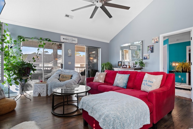 living room with a ceiling fan, wood finished floors, visible vents, and high vaulted ceiling