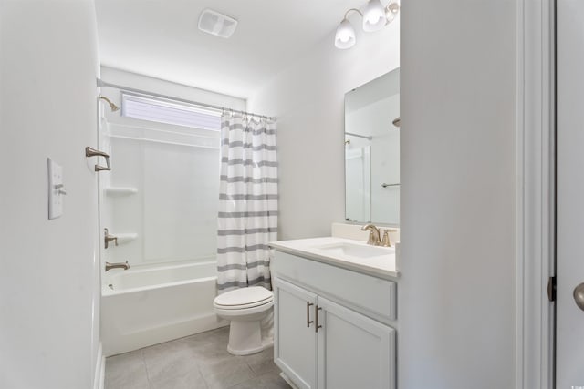 full bath with shower / bath combination with curtain, visible vents, toilet, vanity, and tile patterned floors