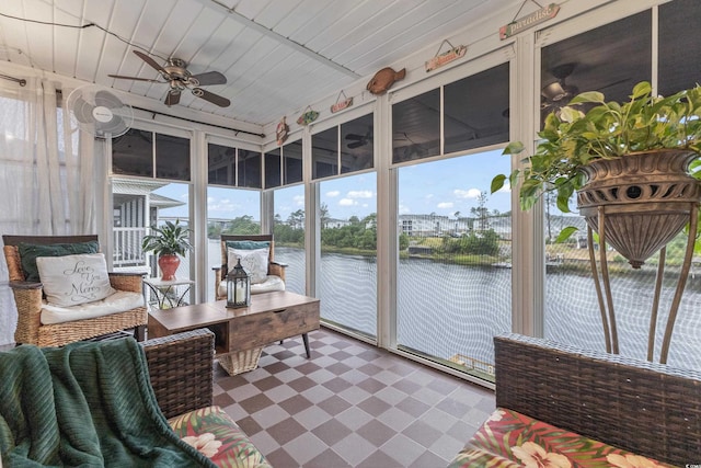 218 Landing Rd Unit G, North Myrtle Beach, SC 29582 - sunroom featuring a water view, ceiling fan, and tile patterned floors