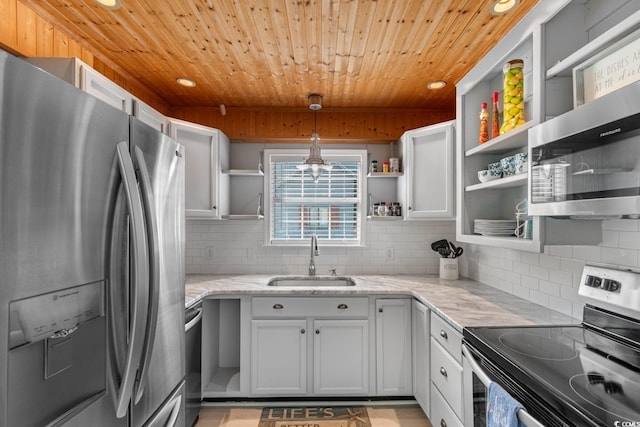 kitchen with open shelves, appliances with stainless steel finishes, a sink, light stone countertops, and wooden ceiling