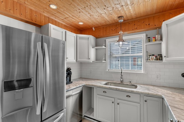 kitchen with white cabinetry, appliances with stainless steel finishes, open shelves, and a sink