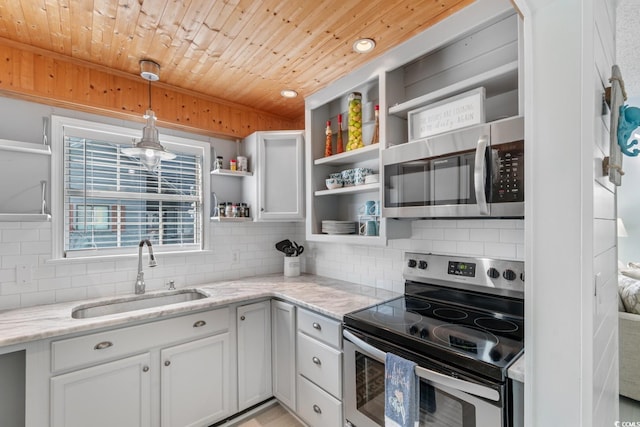 kitchen with open shelves, decorative backsplash, appliances with stainless steel finishes, a sink, and wooden ceiling