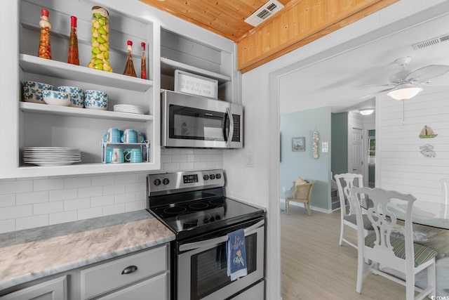 kitchen featuring a ceiling fan, visible vents, appliances with stainless steel finishes, and backsplash