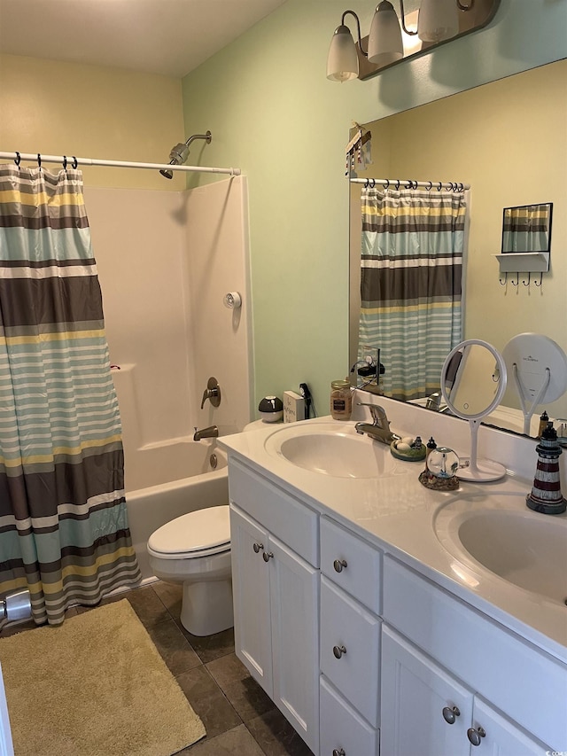 bathroom with double vanity, toilet, shower / tub combo with curtain, and a sink