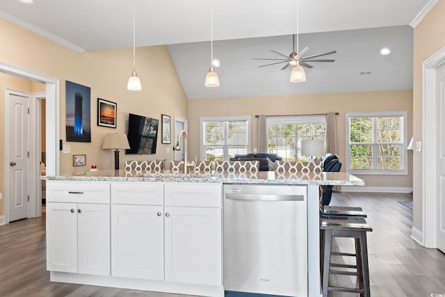 kitchen featuring dishwasher, plenty of natural light, a sink, and light stone countertops