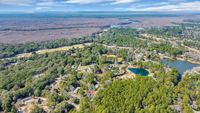 birds eye view of property with a water view and a view of trees