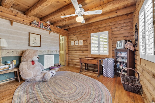 living area with rustic walls, visible vents, wooden ceiling, wood-type flooring, and beam ceiling