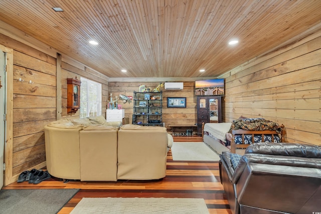 living room with recessed lighting, an AC wall unit, wooden ceiling, and wood finished floors