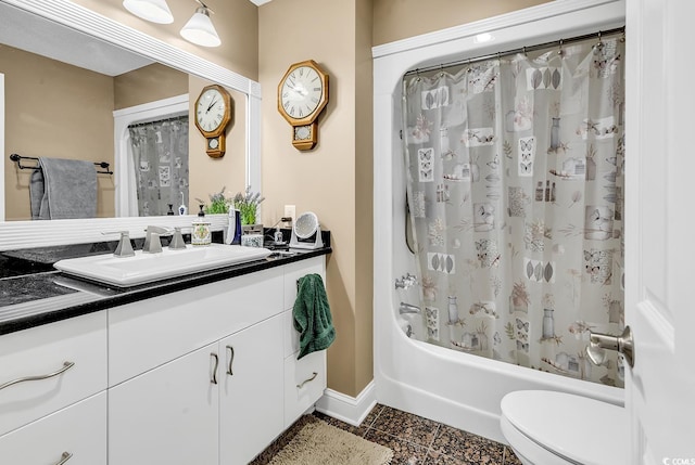 bathroom with toilet, tile patterned flooring, shower / bath combo, and vanity