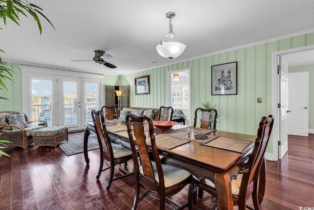 dining room featuring ceiling fan, dark wood-type flooring, plenty of natural light, and crown molding