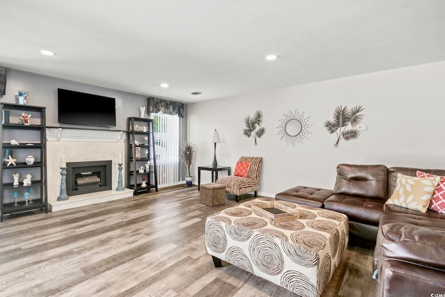 living area with baseboards, wood finished floors, a high end fireplace, and recessed lighting