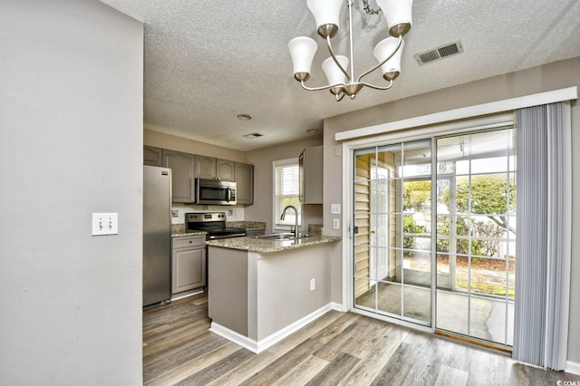 kitchen featuring wood finished floors, a sink, visible vents, appliances with stainless steel finishes, and gray cabinets