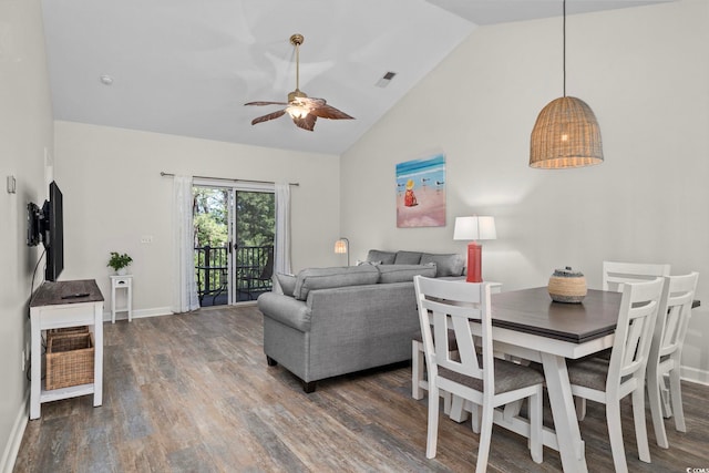 living room featuring visible vents, baseboards, ceiling fan, wood finished floors, and high vaulted ceiling