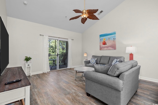 living room featuring visible vents, ceiling fan, wood finished floors, high vaulted ceiling, and baseboards