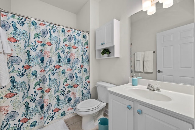 full bath with toilet, curtained shower, vanity, and tile patterned floors