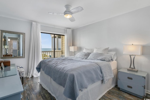 bedroom featuring a ceiling fan, access to outside, dark wood finished floors, and baseboards