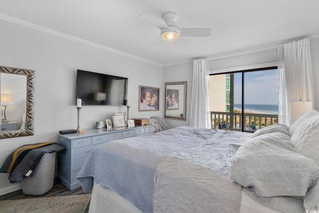 bedroom featuring ceiling fan, wood finished floors, baseboards, access to exterior, and crown molding