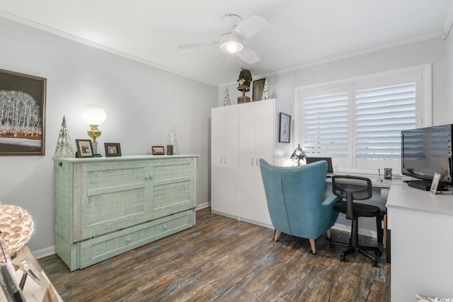 office with ornamental molding, wood finished floors, a ceiling fan, and baseboards