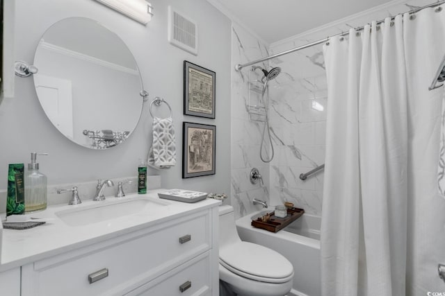 bathroom with toilet, visible vents, shower / bath combo with shower curtain, and ornamental molding