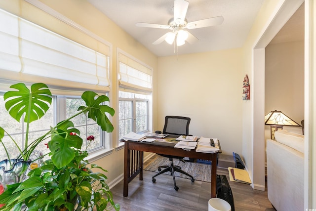 office space featuring ceiling fan, baseboards, and wood finished floors