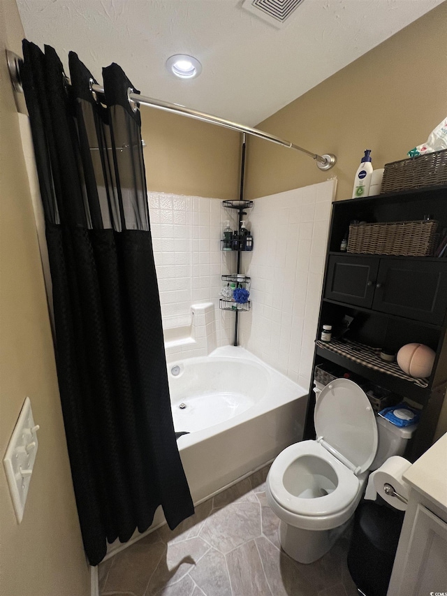 full bath with toilet, shower / bathtub combination with curtain, visible vents, and tile patterned floors