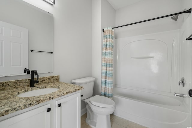 bathroom featuring toilet, tile patterned flooring, shower / tub combo with curtain, and vanity