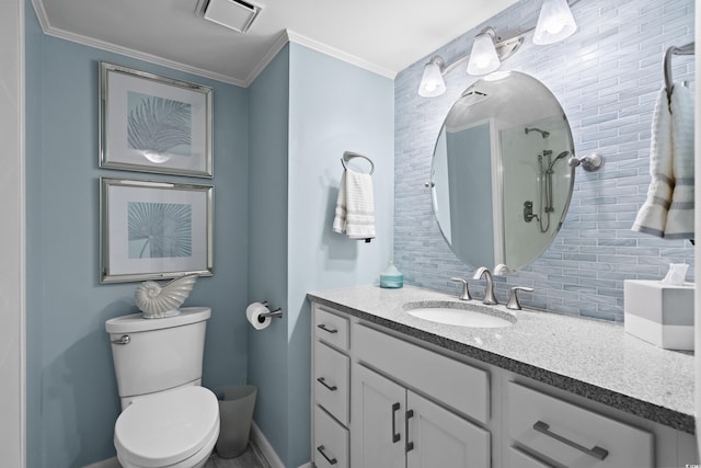 bathroom featuring ornamental molding, visible vents, vanity, and decorative backsplash