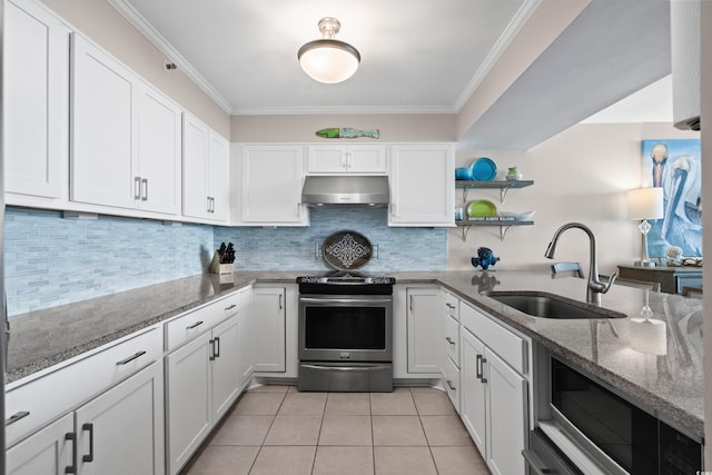 kitchen featuring light tile patterned floors, under cabinet range hood, a sink, open shelves, and stainless steel range with electric stovetop