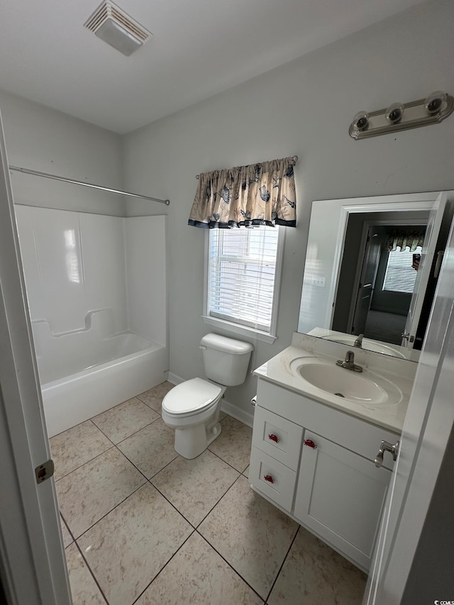full bath featuring toilet, vanity, visible vents,  shower combination, and tile patterned floors