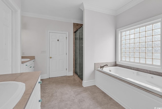 full bath featuring ornamental molding, vanity, a shower stall, and a bath