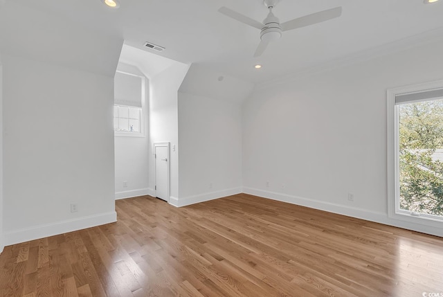 bonus room featuring visible vents, baseboards, light wood-style flooring, ceiling fan, and recessed lighting