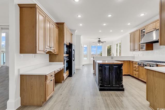 kitchen featuring tasteful backsplash, light countertops, light wood-type flooring, under cabinet range hood, and black appliances