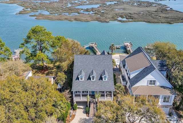 drone / aerial view with a water view