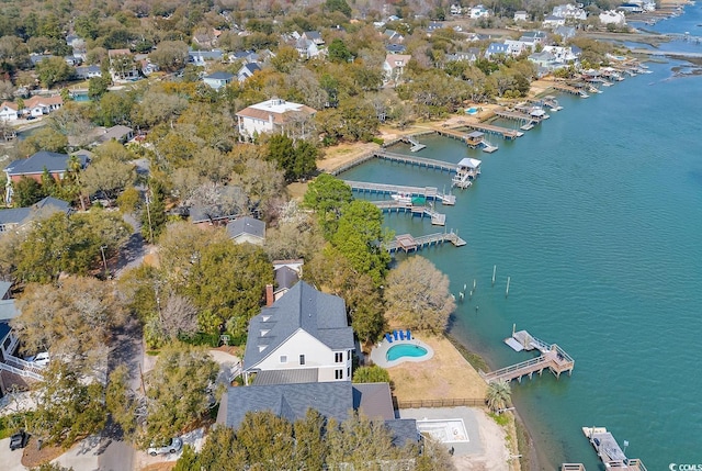 drone / aerial view with a water view